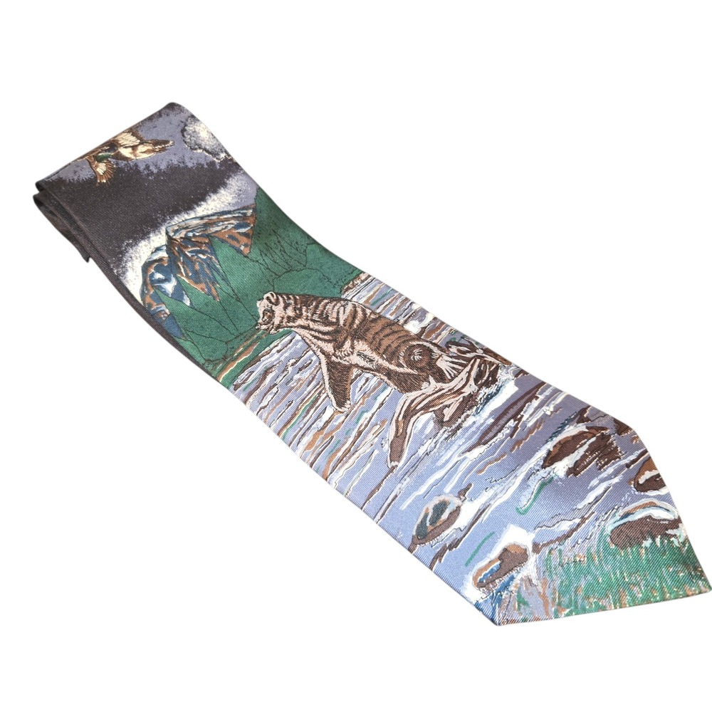Ducks Unlimited Silk Tie Mens OS Blue Green Grizzly Bear Mallard Duck Wildlife